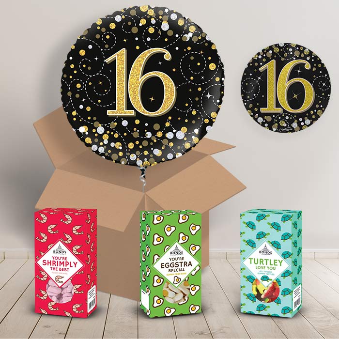 16th Birthday Sweet Box and Inflated Helium Balloon Gift Package in Black and Gold image 2